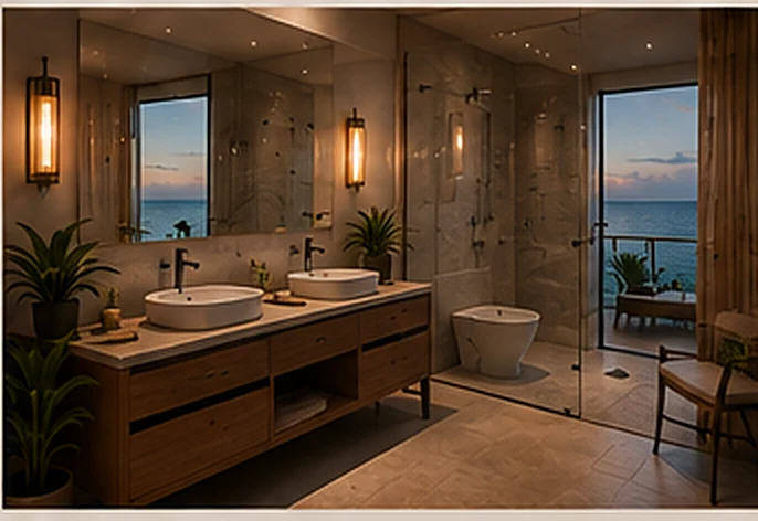 Marea bungalow spa-inspired bathroom with twin vessel basins and freestanding tub