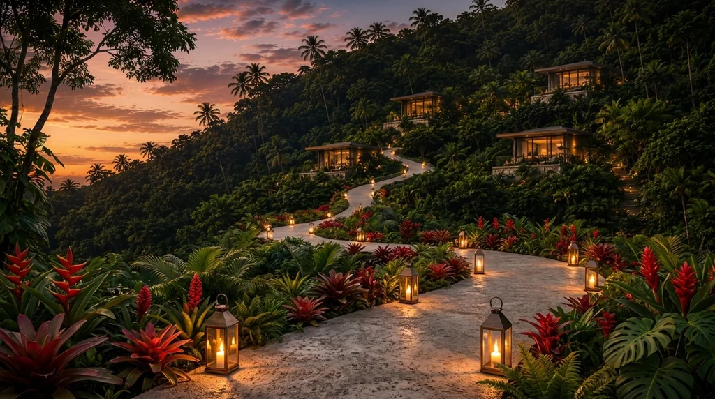 The lantern-lit stone pathway winding up through dense tropical planting at dusk, with warmly lit bungalows above