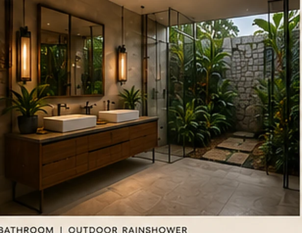 Terra – Rainforest Bungalow bathroom opening to a walled outdoor rainshower garden