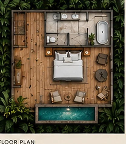 Terra – Rainforest Bungalow floor plan showing bedroom, bathroom, terrace and plunge pool
