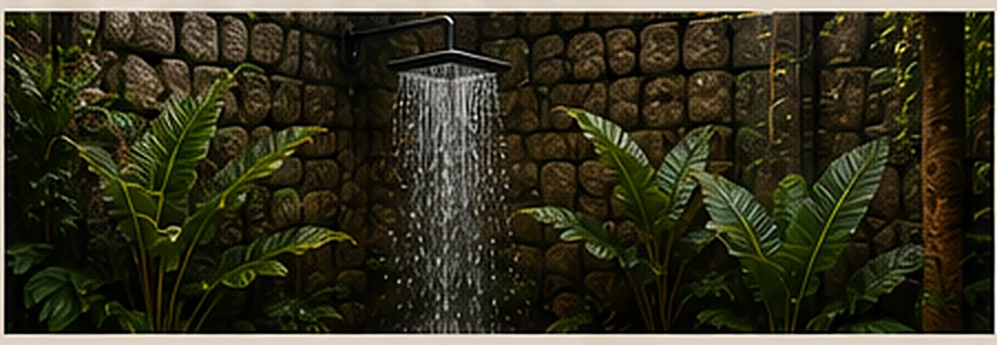 Outdoor rainshower set into a stone wall surrounded by tropical planting